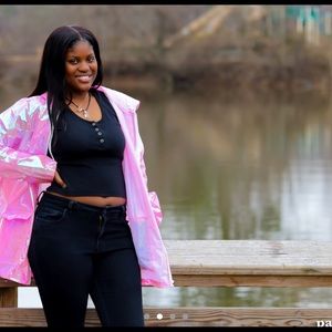 Pink holographic rain jacket. Offers Welcome.